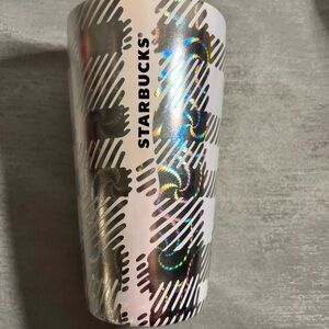 Starbucks Holiday 2024 Plaid Luster Iridescent Ceramic Travel Mug Pink Lid 12 oz